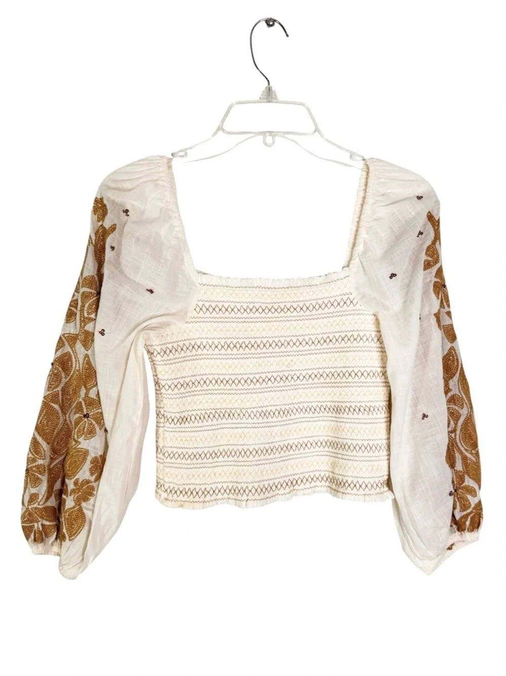 Anthropologie Cotton Embroidered Smocked Peasant Top Blouse Cream Brown Size XS